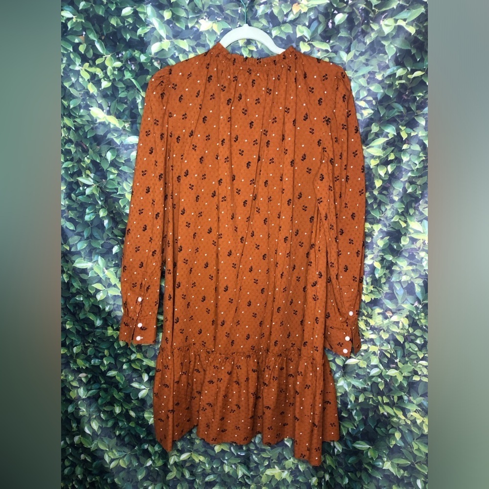 Universal Threads Rust Floral Prairie Babydoll Boho Long Sleeve Ruffle Dress - Picture 11 of 15